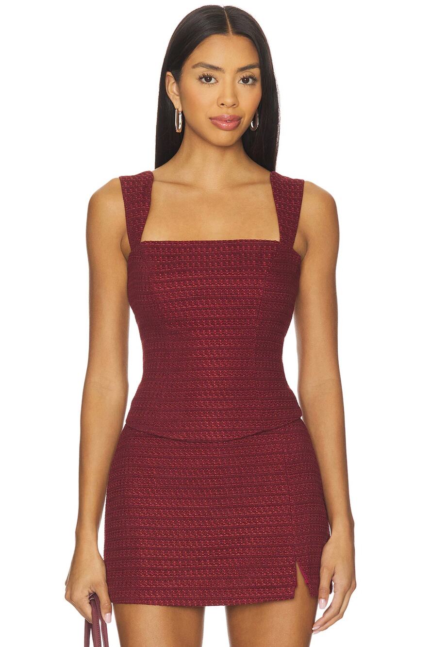 Amanda Uprichard Ceronne Tweed Square Neck Crop Top Russet Maroon Sz Medium NWT